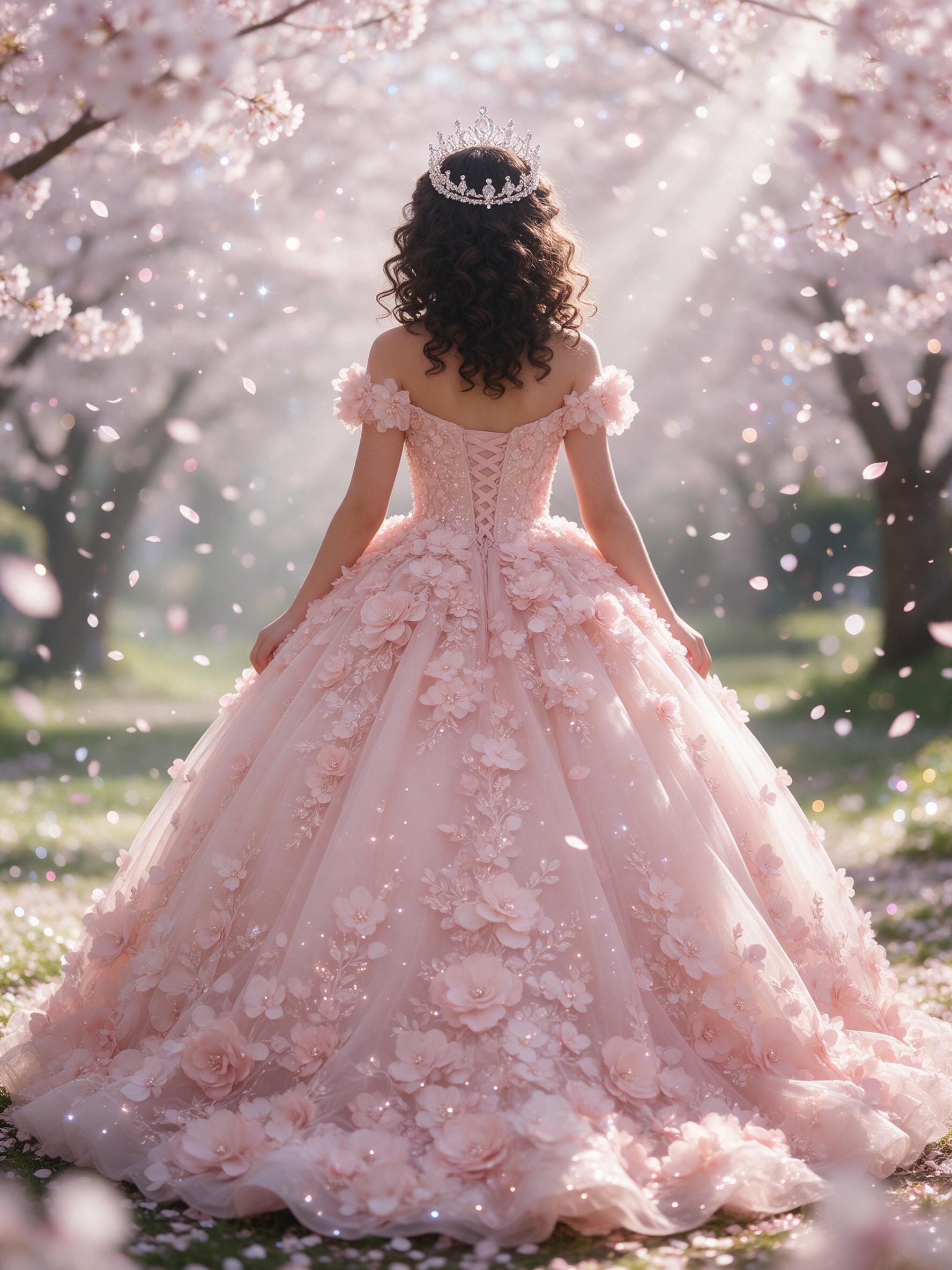 Jeune fille en robe de bal rose fleurie portant un diadème, dans un jardin de cerisiers en fleurs
